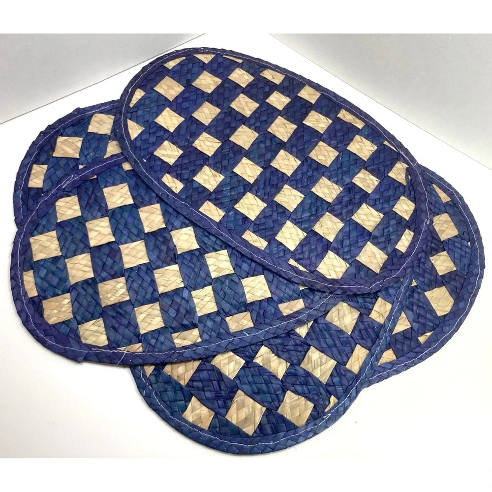 Vtg‎ Set of 5 Checkered Woven Rattan Placemats Navy and Brown